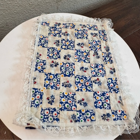 Other - Vintage handmade dollhouse size quilt blue squares floral design lace trim